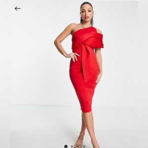 ASOS Tall Peekaboo Shoulder tuck MIDI pencil dress in Bright Red